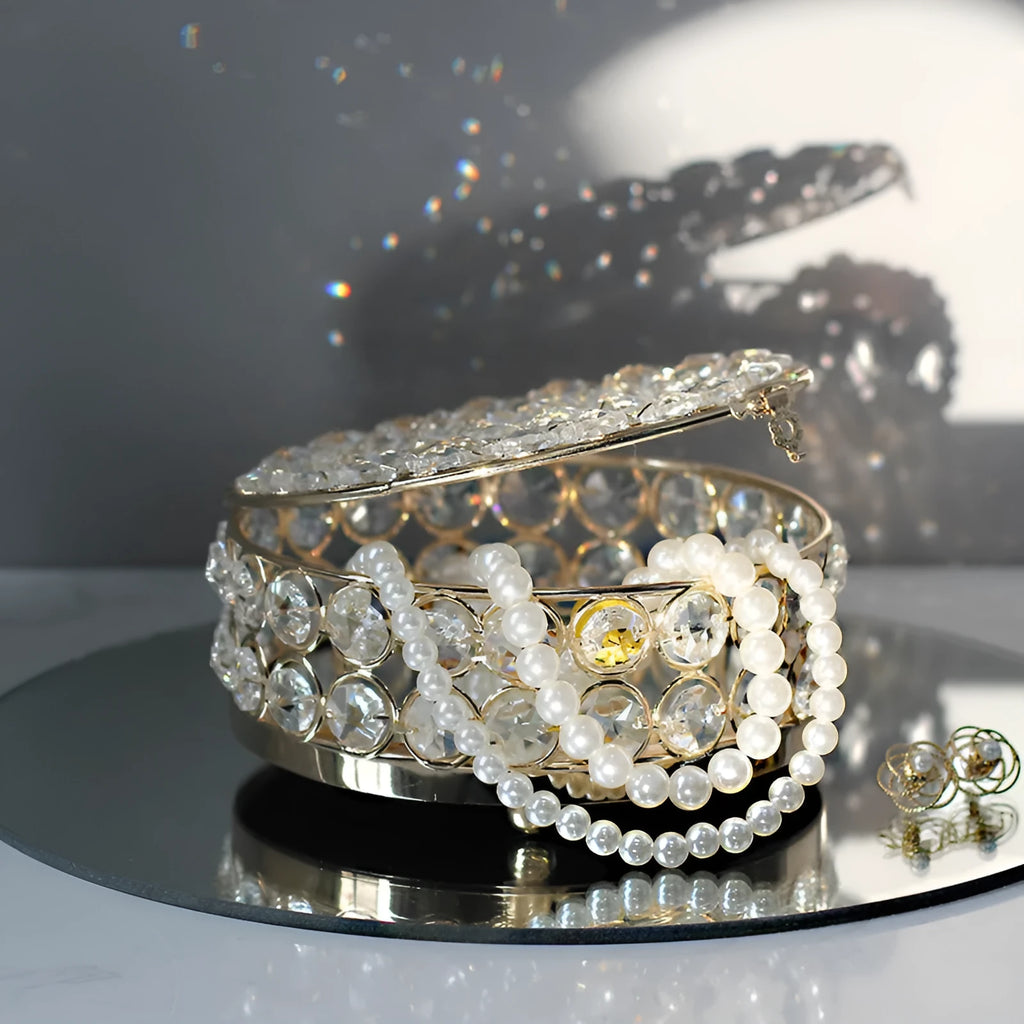 French gold jewellery storage box with crystal glass transparent lid European style design