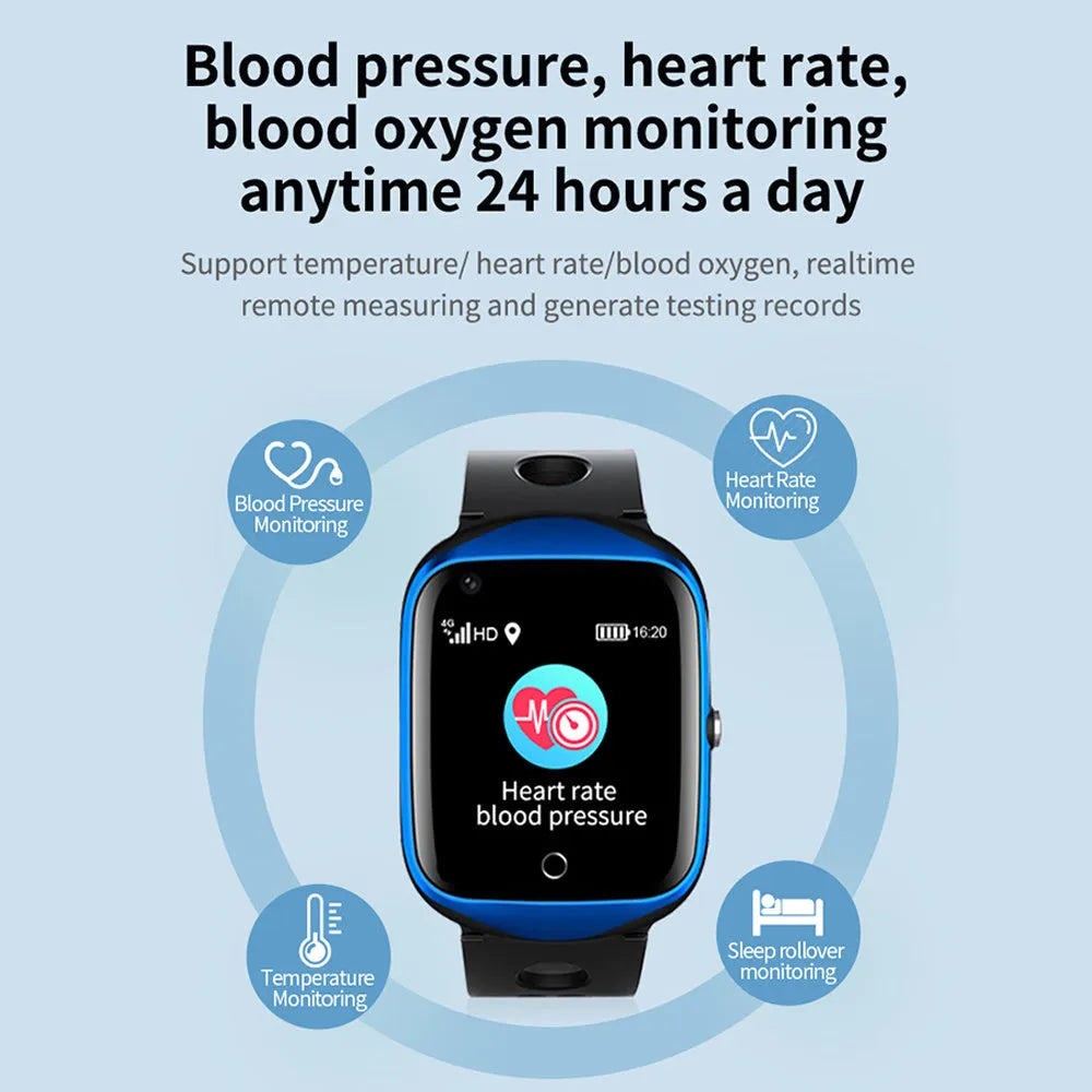 Square screen elderly phone watch with silicone strap in black, blue, or silver colour options