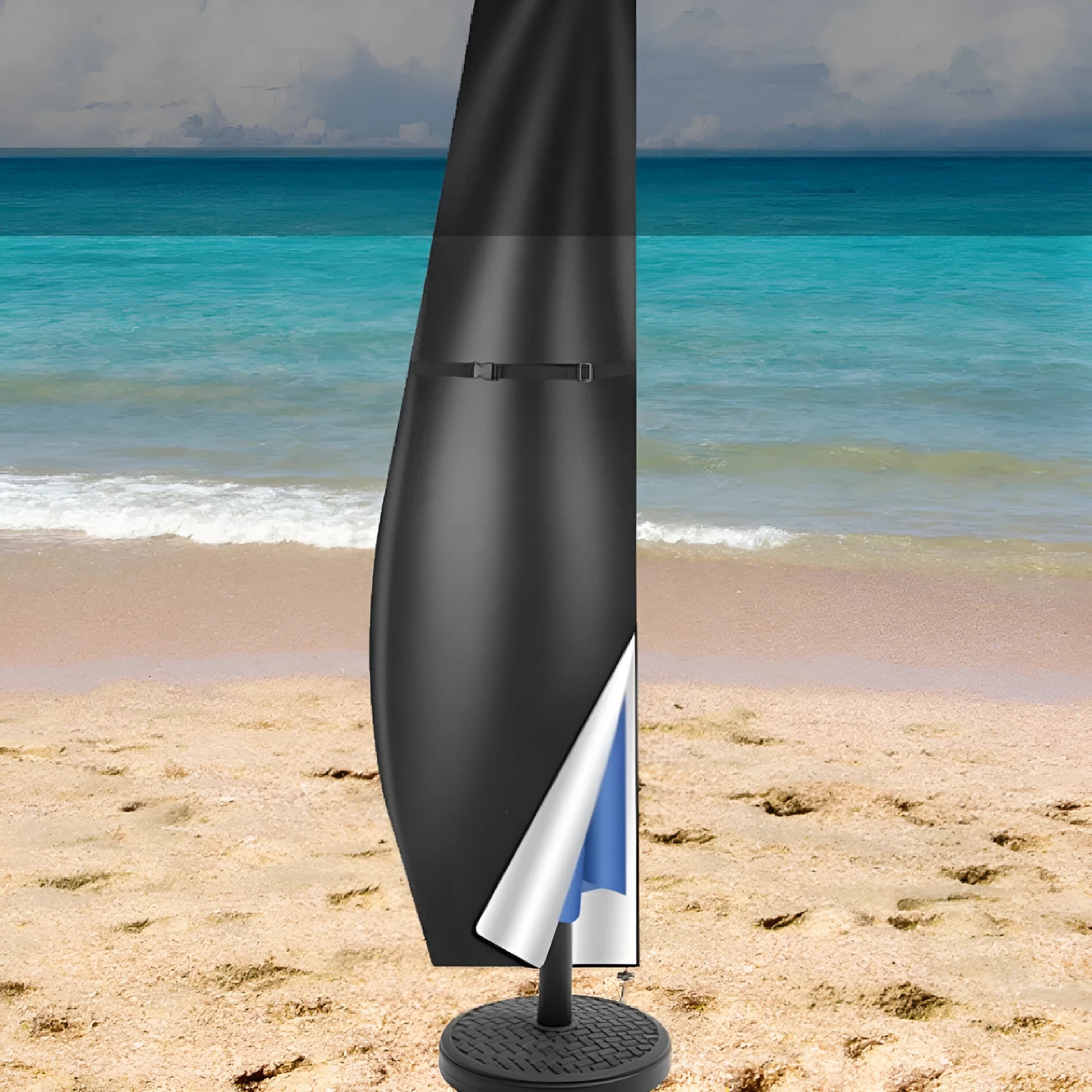 Waterproof banana umbrella cover for offset outdoor umbrellas in grey oxford cloth with drawstring closure