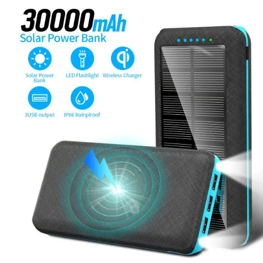 Black wireless solar power bank with Qi charging pad, three USB ports and an LED flashlight
