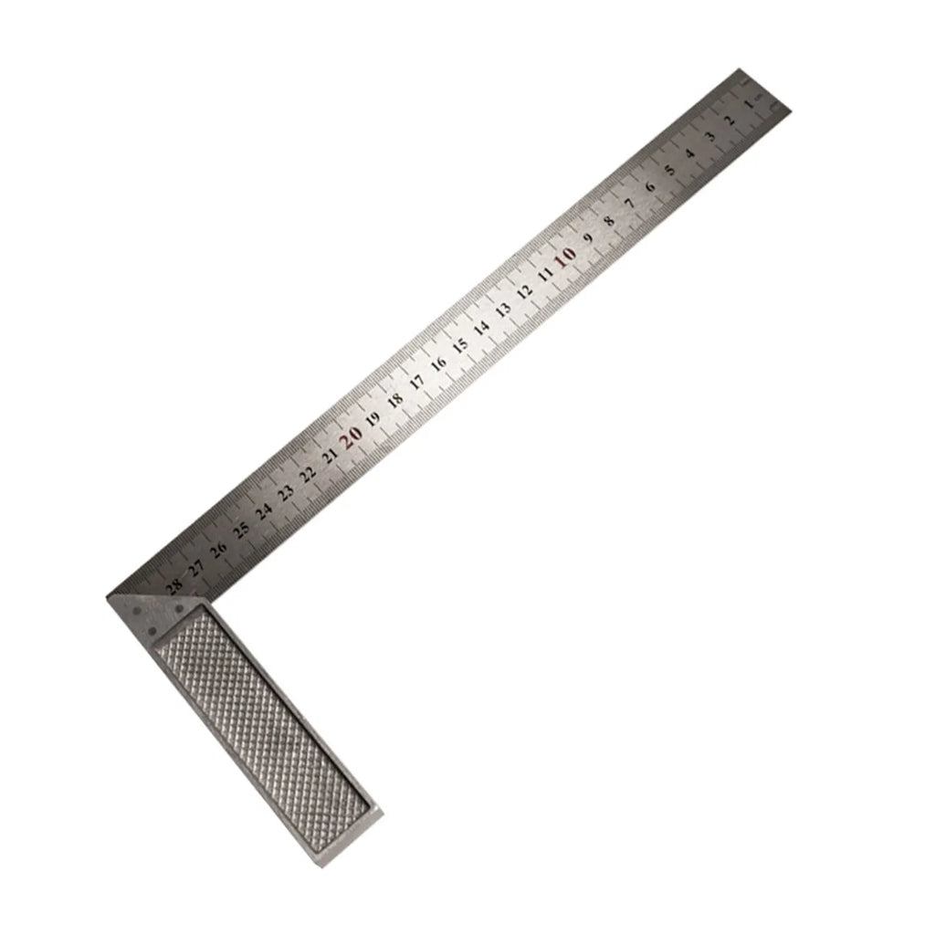 Red 7-inch metal combination angle ruler and a separate metric base ruler in a transparent bag.
