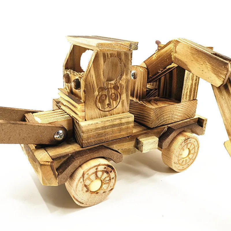 Brown wooden excavator model toy 30cm long rotating cab 1:800 scale children 4-6