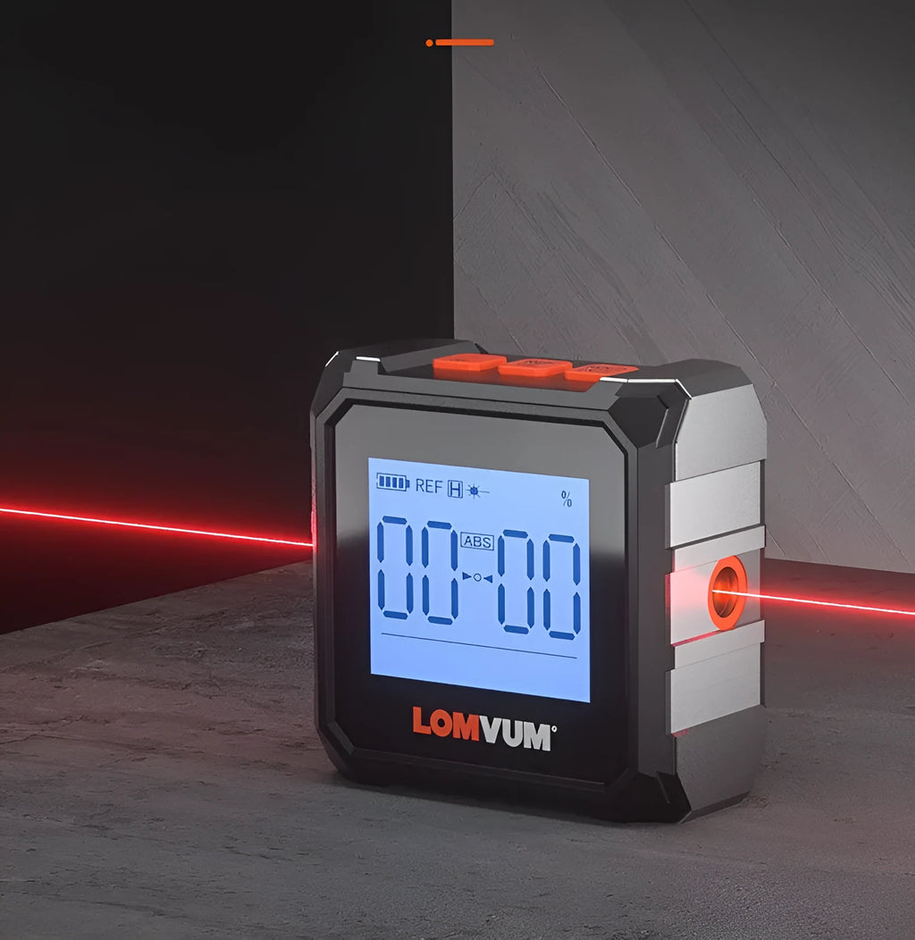 Digital laser infrared woodworking steel tape measure inclinometer with alloy casing and display.