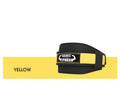 Nylon fitness weightlifting waistband belt in black, red, or yellow, shown in sizes L, M, and XL.