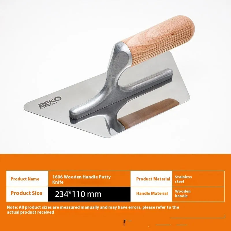 Stainless steel putty scraper with wooden handle for decorative floor and wall compound application
