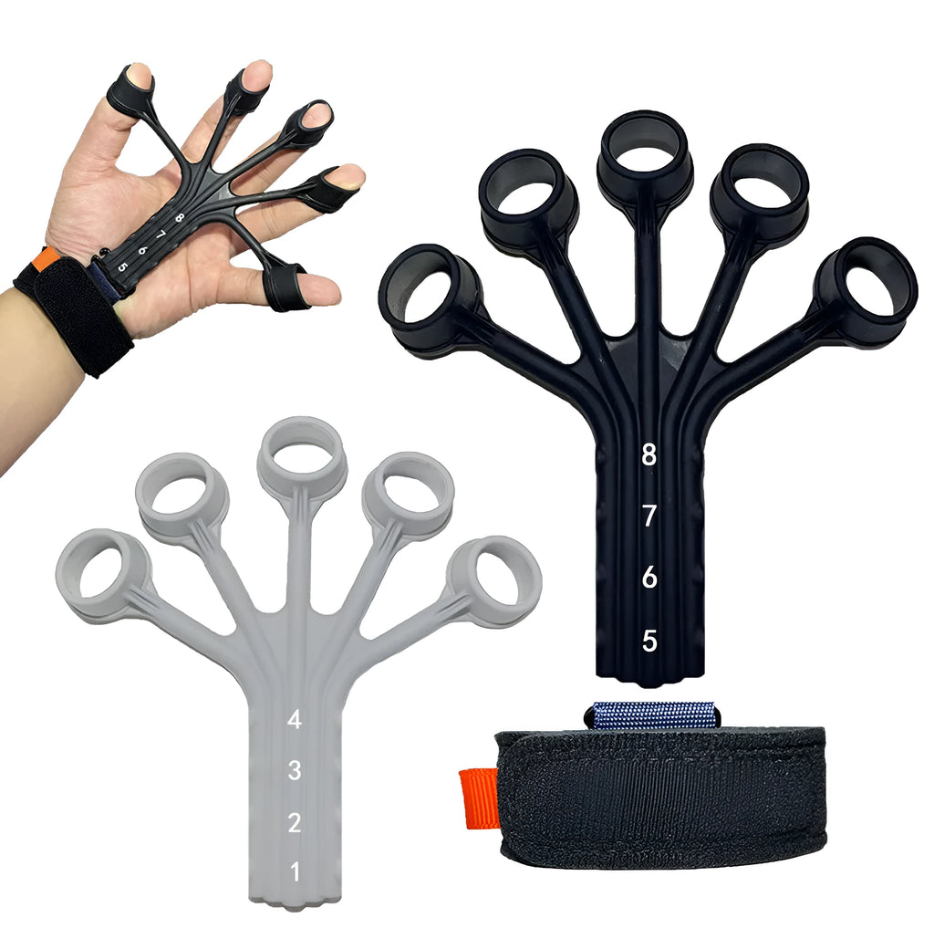 Black and grey silicone finger rehabilitation trainer with adjustable tension belts