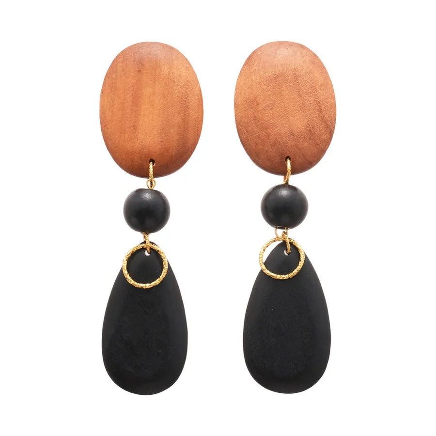 Wooden retro fashion earrings with elliptical shape and silver-brown-black colour combination