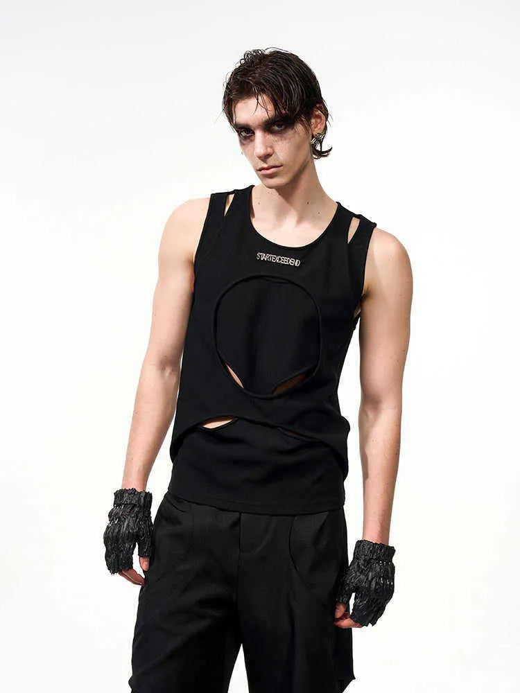 Men's white hollow knit sleeveless waistcoat vest with round neck pullover design