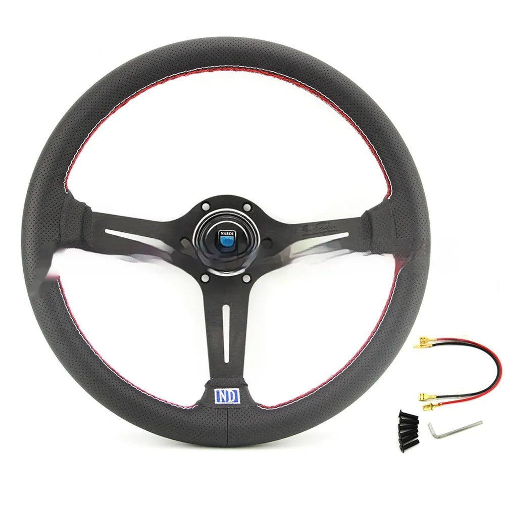 14-inch leather steering wheel with concave rim and black metal skeleton frame