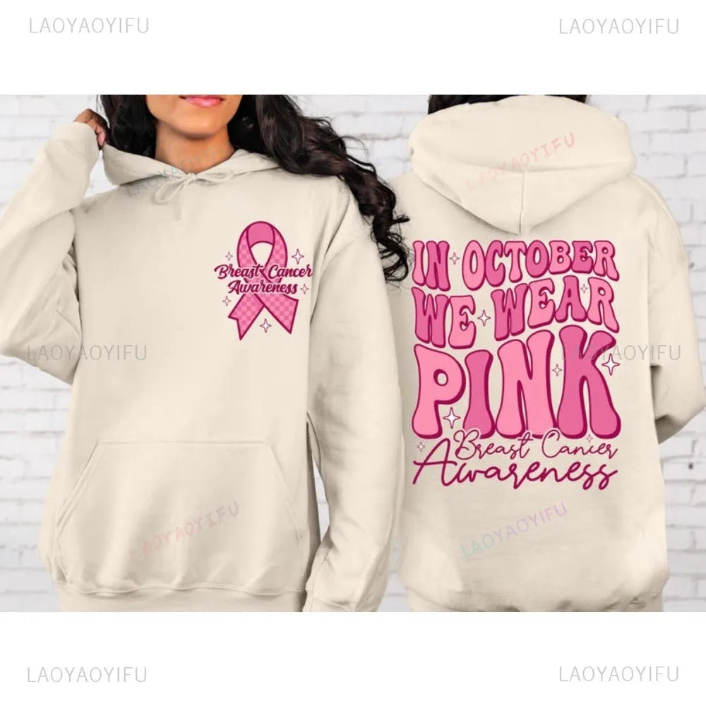 Pink breast cancer awareness pullover hoodie with a retro hot stamping pattern and a side seam pocket.