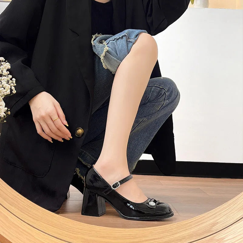 Women's patent leather chunky heel shoes with round toe and buckle strap in black or apricot, available in wide fit and sizes 30-45