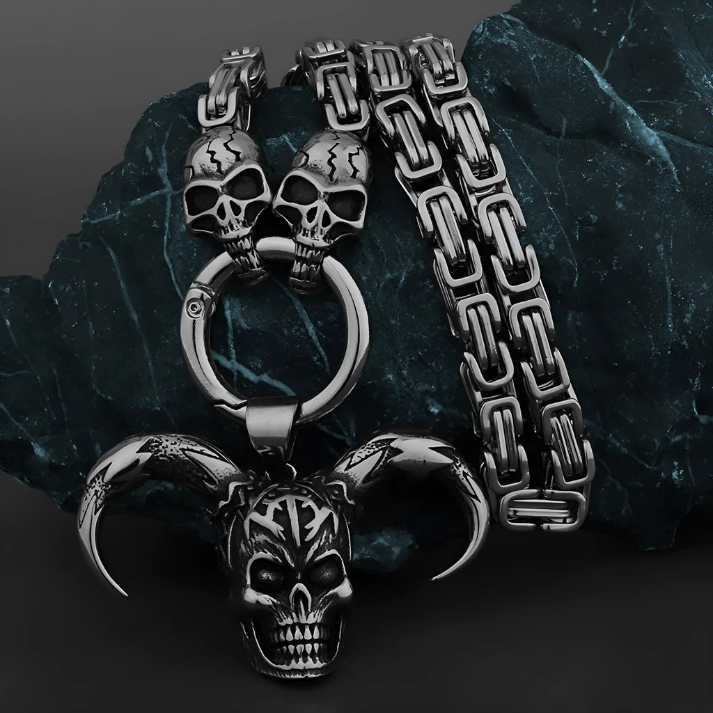 Polished titanium steel skull pendant ghost head chain necklace for men, 50cm length shown
