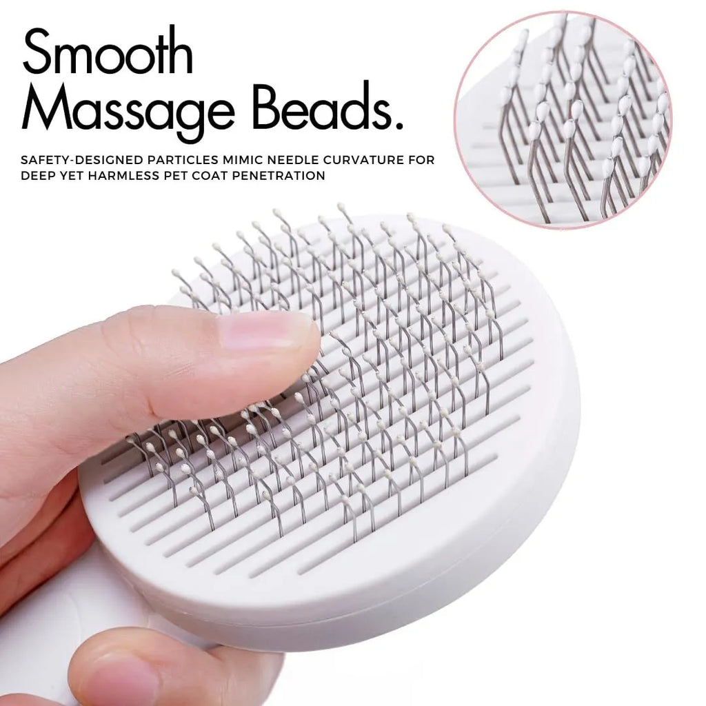 Blue self-cleaning pet grooming brush with stainless steel pins and ergonomic rubber handle