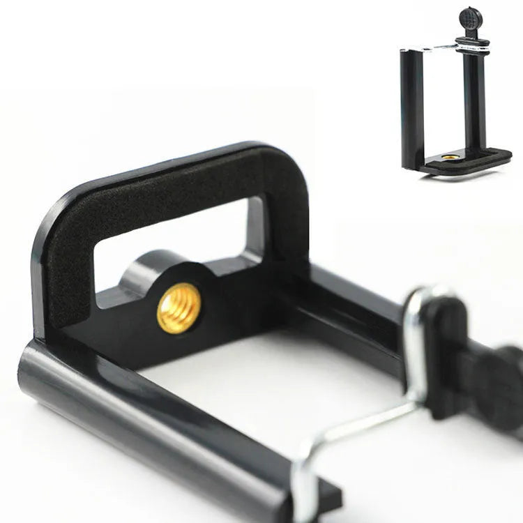 Black plastic U-clip mobile phone holder designed for mounting on cylindrical objects like hoses or poles.