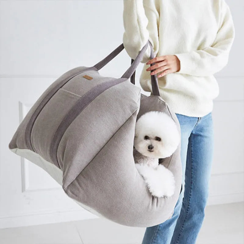 Pet dog car carrier seat basket in grey cloth with mesh panels for breathable travel