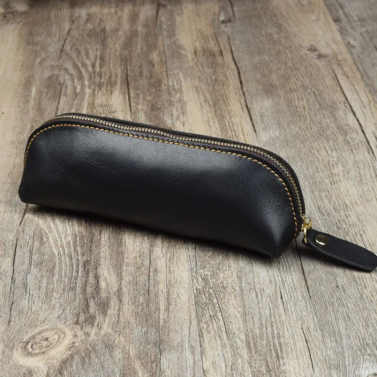 Genuine cowhide leather rectangular pencil case with zipper closure
