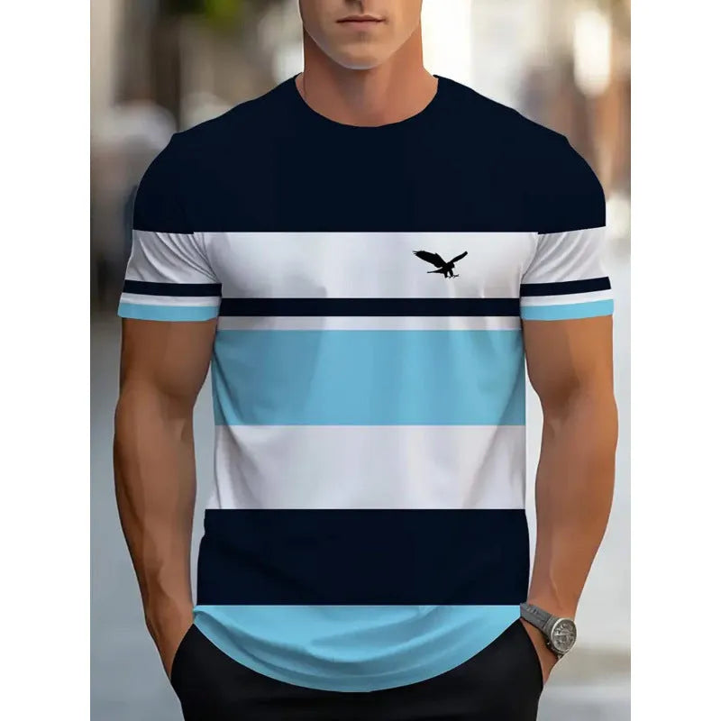 Men's loose fit casual T-shirt with digital 3D printed stripe pattern, short sleeves, polyester fabric
