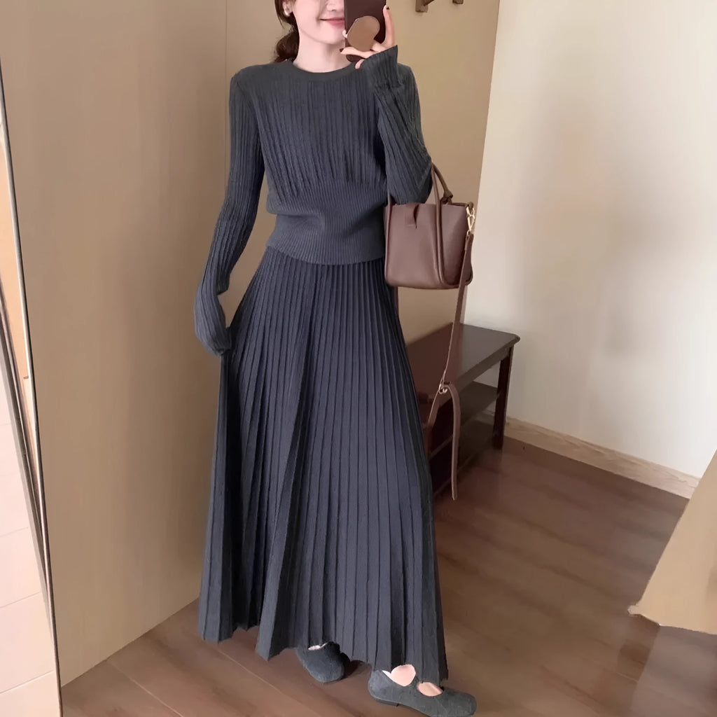 Women's dark gray knitted long dress suit with 3D pattern and ethnic style collage stitching