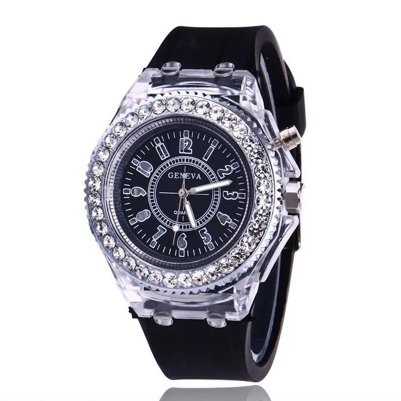 Women's LED luminous quartz watch with round 43mm dial on a silicone strap