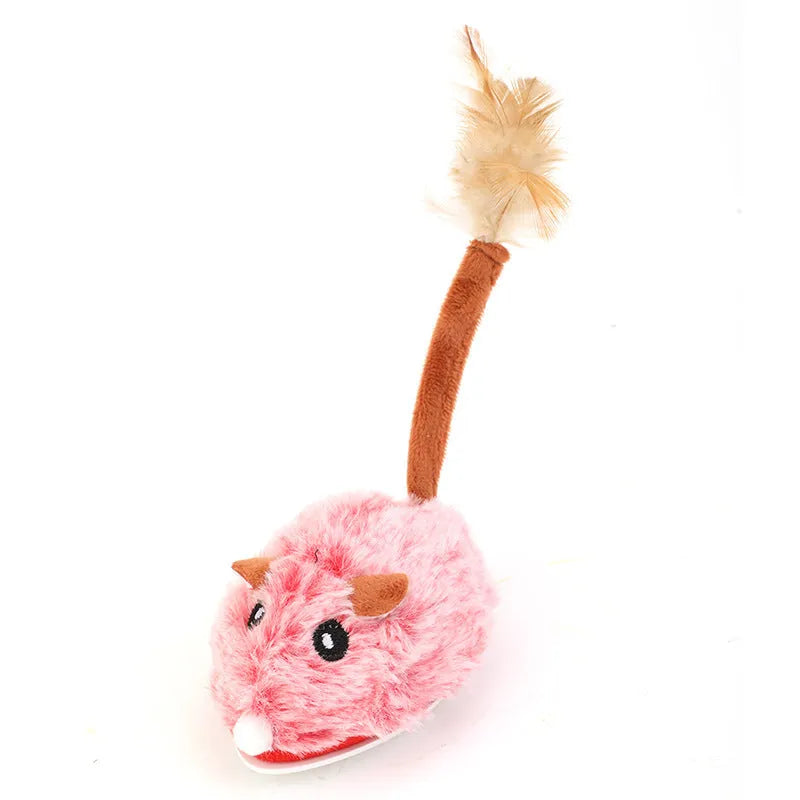 Interactive cat toy with electric moving plush mouse on pole