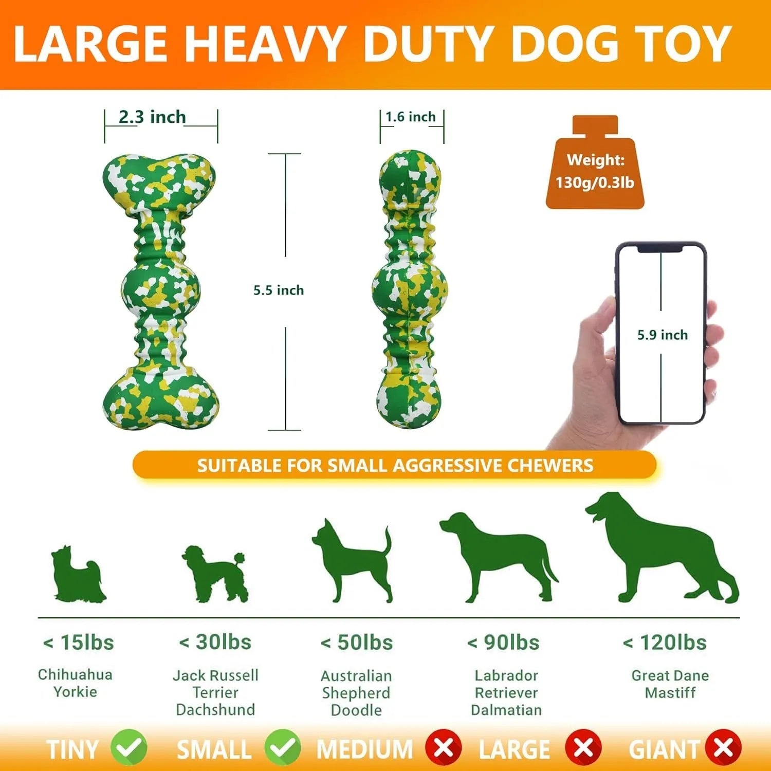 Green, white and yellow camouflage pattern natural rubber dog chew toy for large breeds