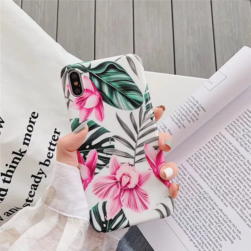 Pink floral pattern TPU iPhone case back cover showing flower design