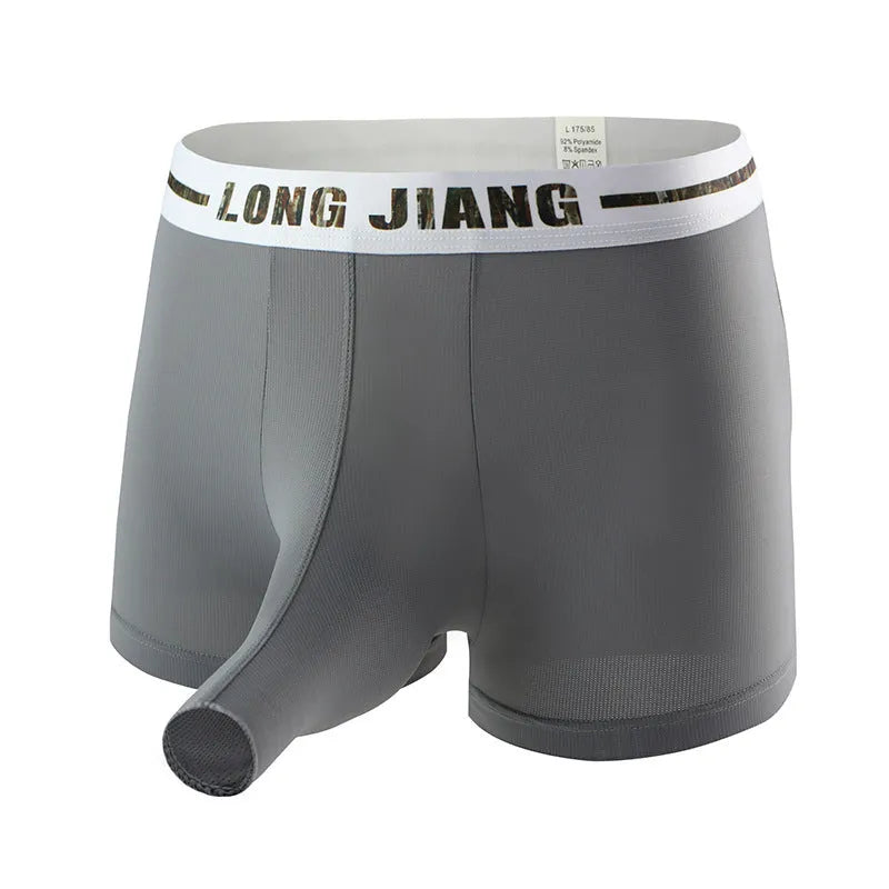 Men's Ice Silk trunk open boxers in grey blue colour, showing thin knitted fabric and mid waist design.