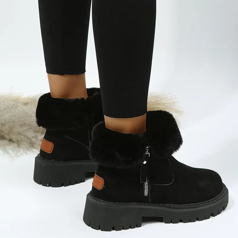 Women's black thick plush high-top snow boots with a side zipper and faux fur lining.
