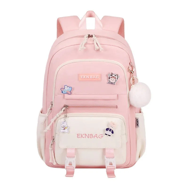 Girls waterproof Oxford cloth school backpack with curved straps and spine protection in solid colours for grade 5-6 students