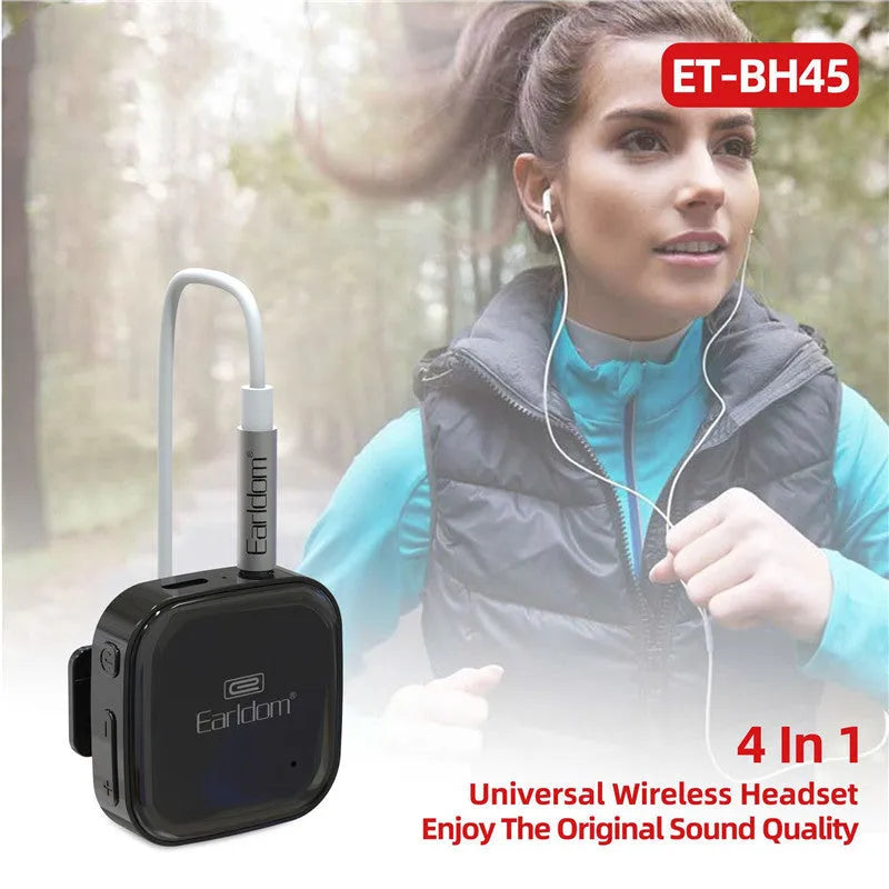 Black Lavalier-style Bluetooth wireless running headphones with earbuds and behind-the-neck cable