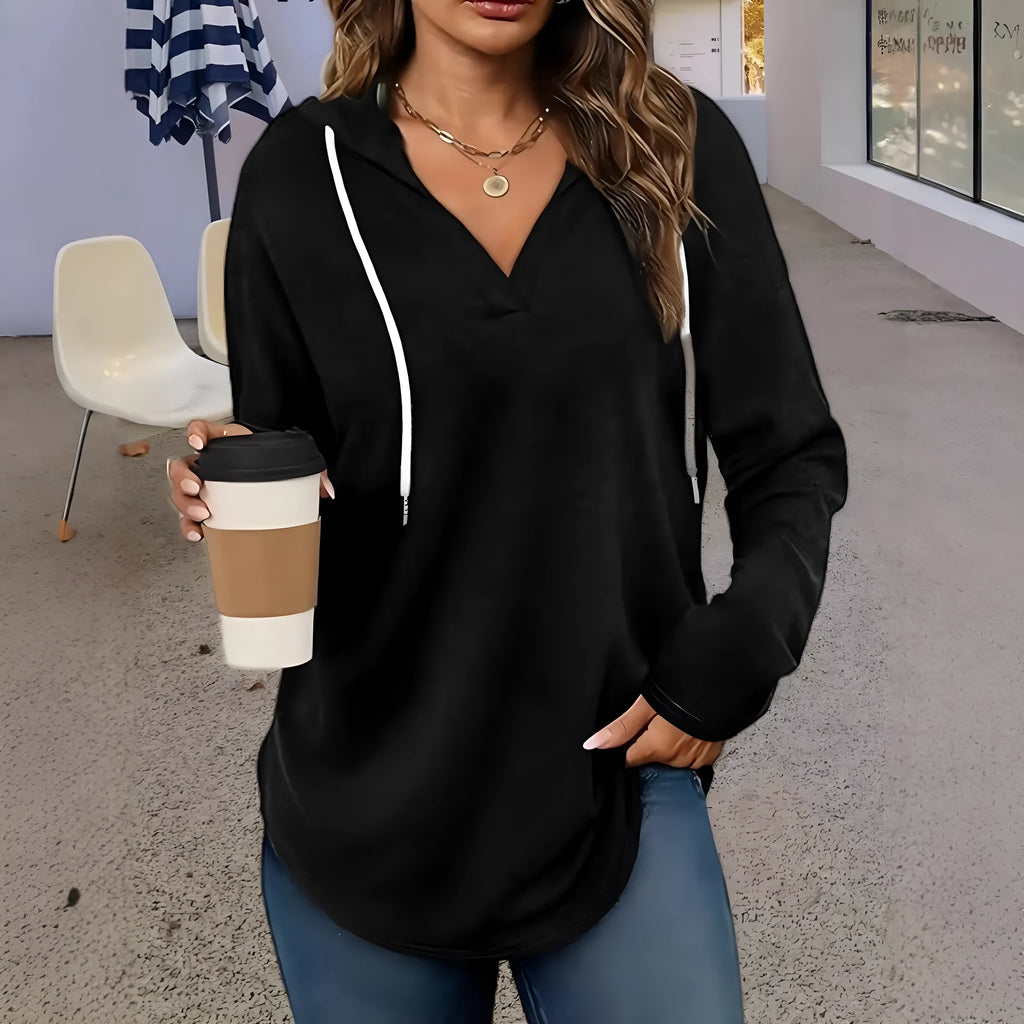 Women's loose-fit black V-neck hooded sweatshirt with long sleeves
