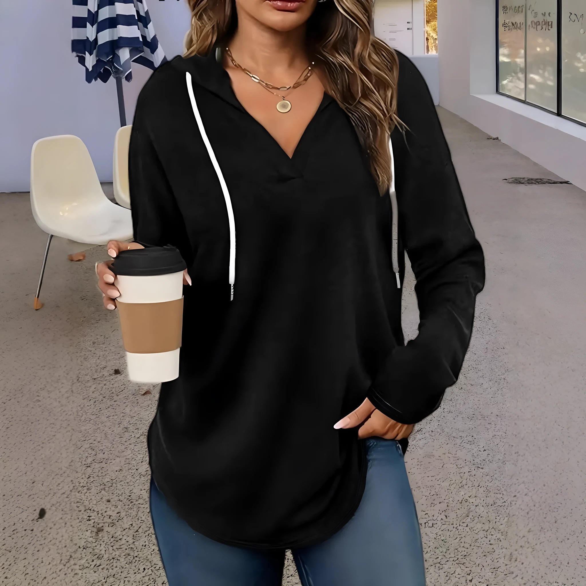Women's loose-fit black V-neck hooded sweatshirt with long sleeves