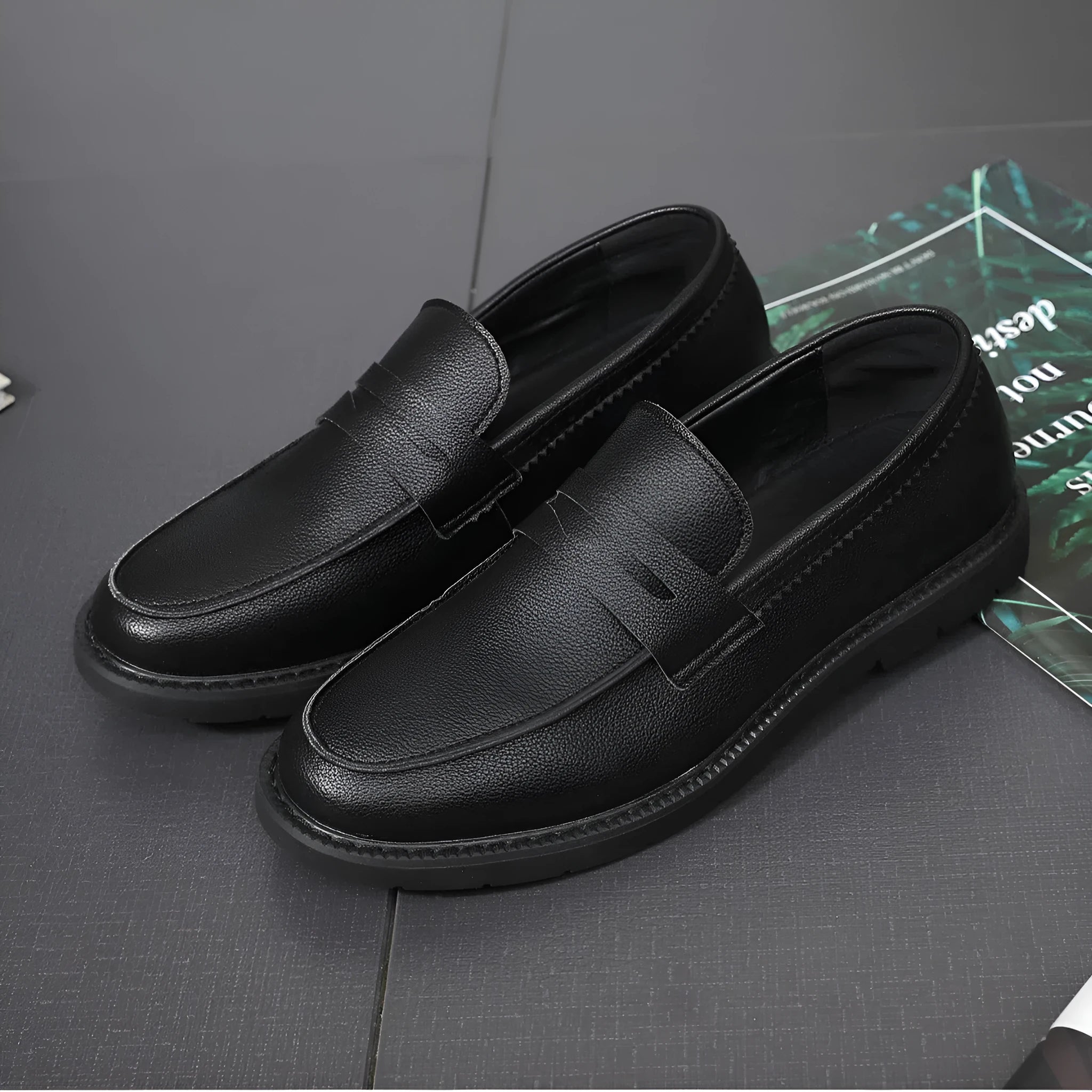 Men's casual slip-on shoes with microfiber upper, rubber sole, black tassel detailing, low top wedge heel