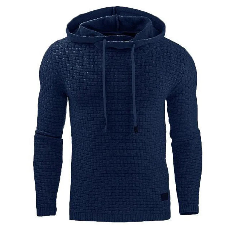 A man's plain hooded sweatshirt in a cotton-polyester blend, shown in multiple colour options.