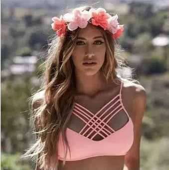 Women's pink bandage halter bikini swimsuit with cut out cross front design