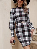 Black tight dress with lantern sleeves and leather stitching detail, modelled in a Japanese Korean casual style.