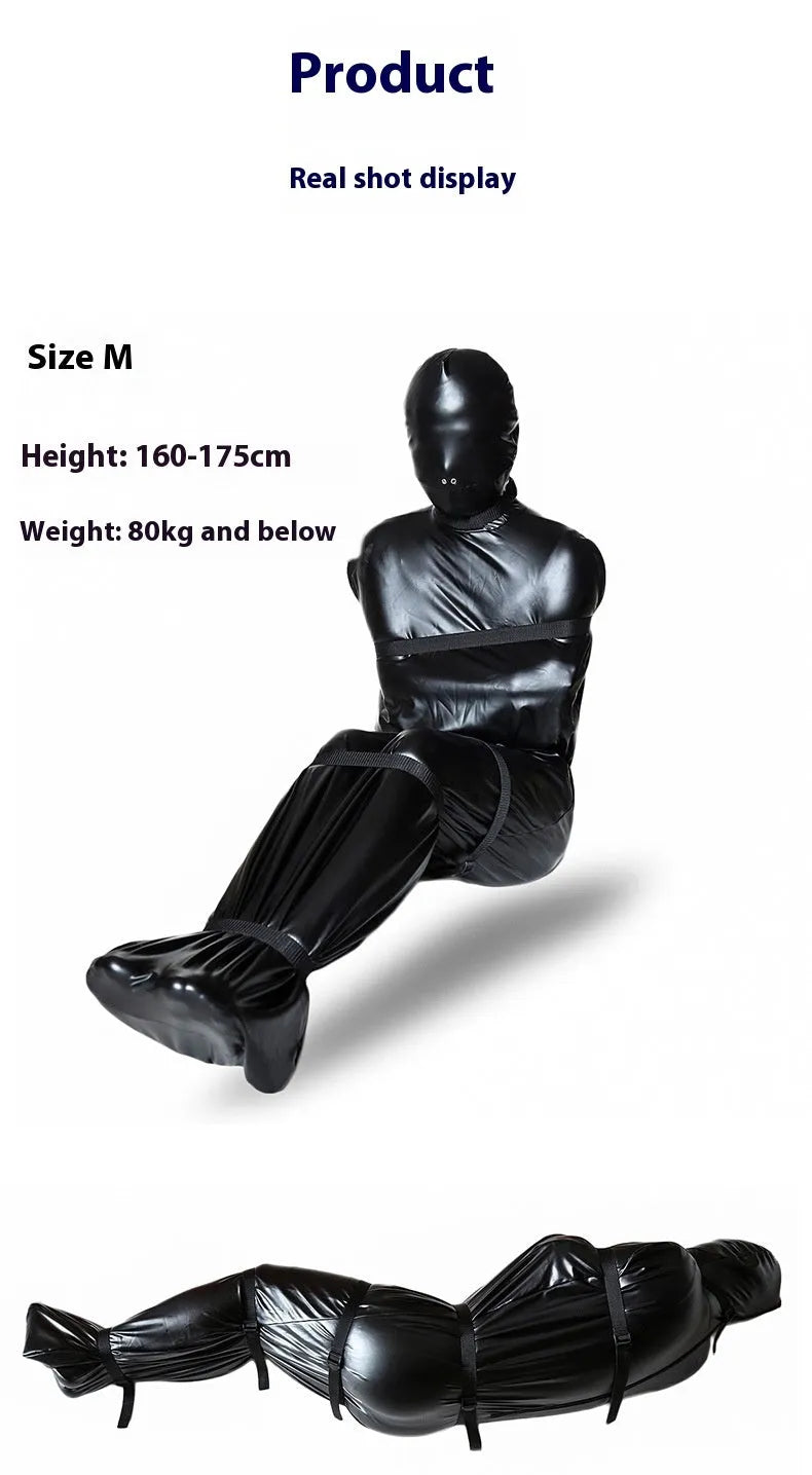 Black patent leather all-inclusive nostril clothing set with six ratchet tie down straps for BDSM restraint