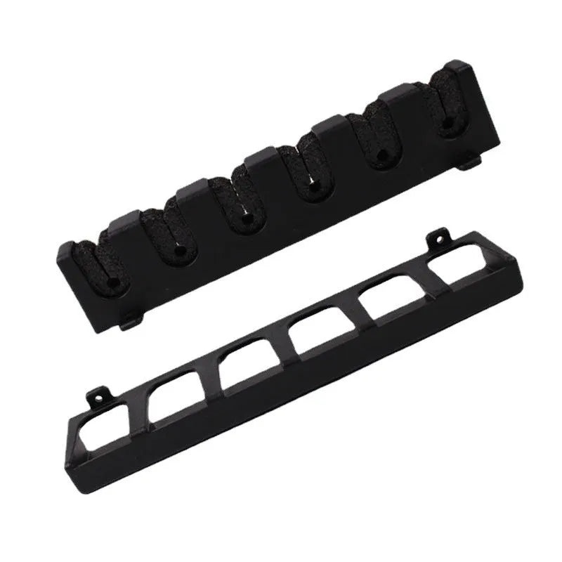 Black ABS plastic wall-mounted fishing rod holder rack in horizontal and upright frame styles