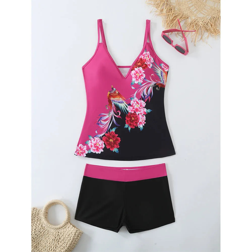 Plus size women's printed swimsuit briefs in black or rose red with matching trunks.