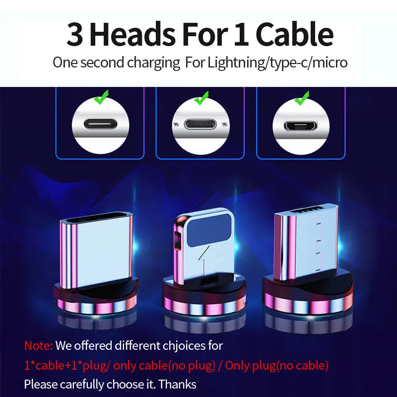 Magnetic data cable with detachable Android, Apple, and Type-C heads in black, red, and silver.