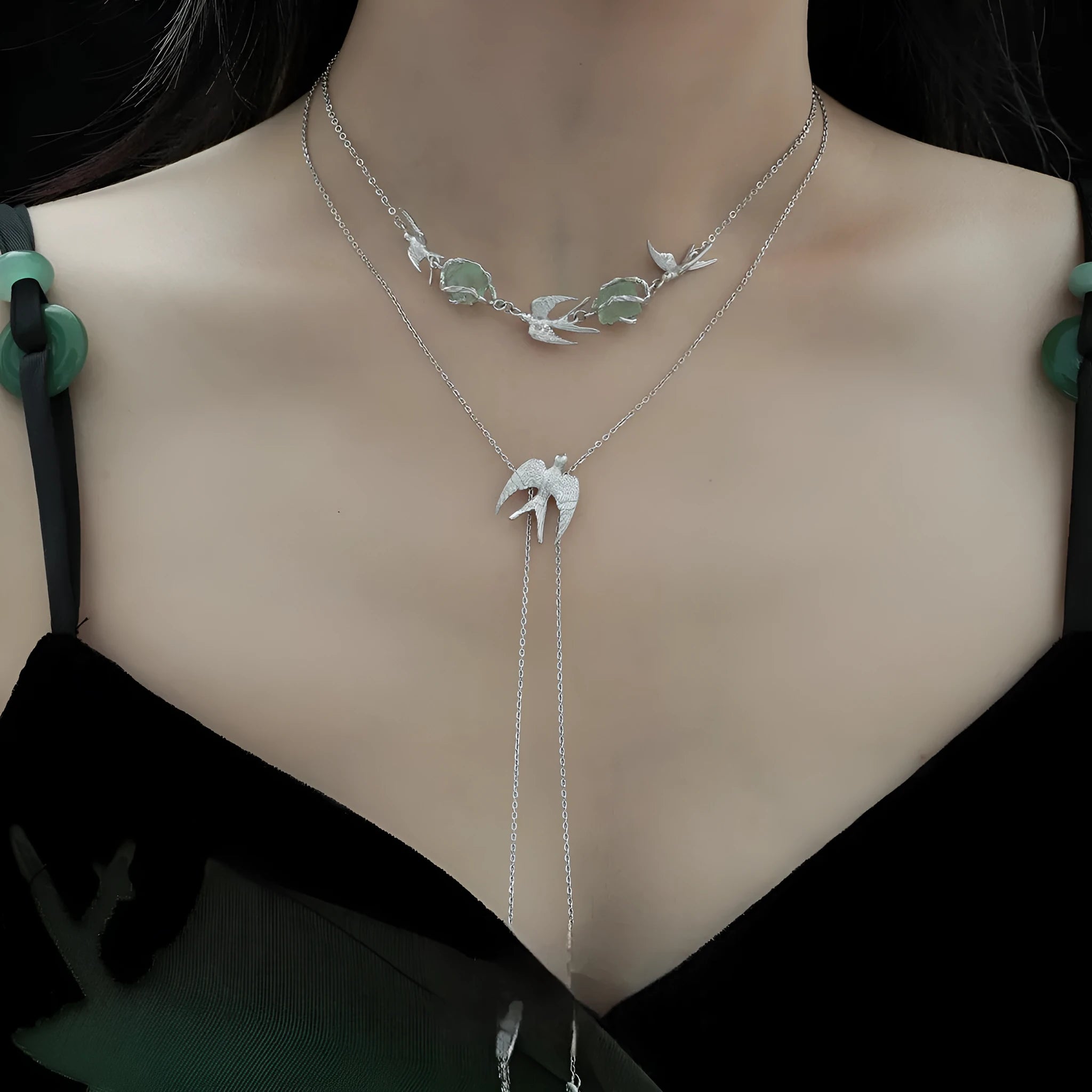 Flying bird fluorite pendant necklace in 925 silver with white gold finish on adjustable chain