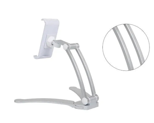 Silver aluminium alloy desktop tablet stand holding a tablet at an adjustable angle with a white mounting base.
