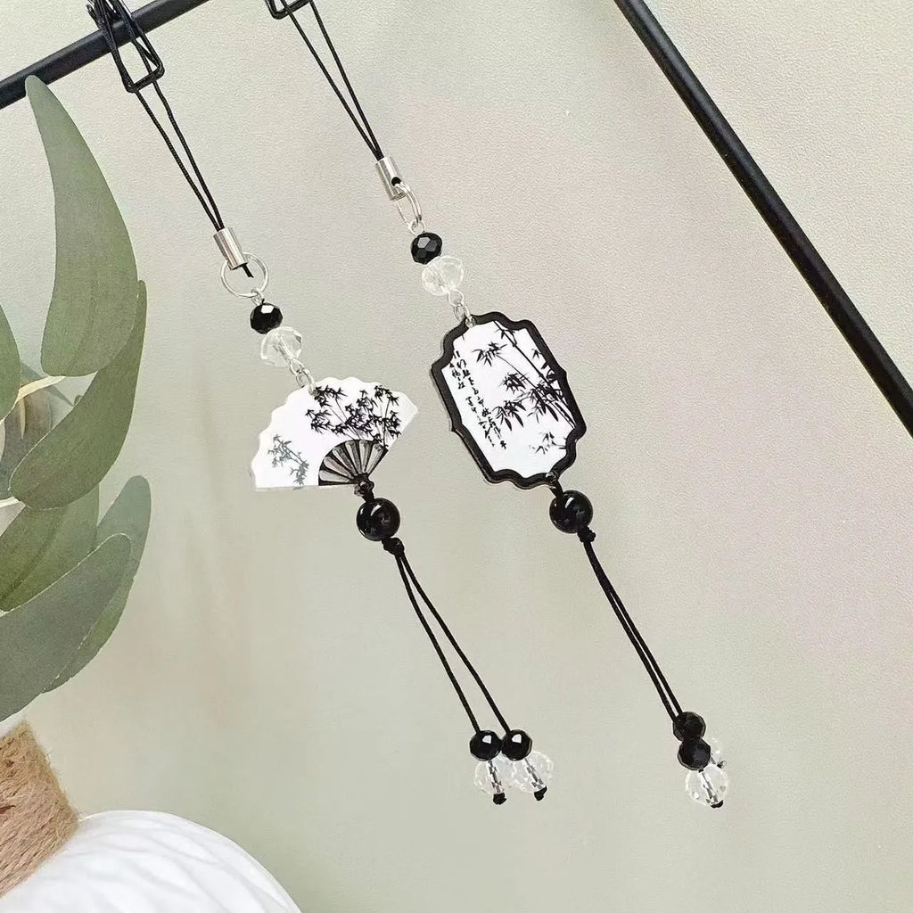 Guofeng Chinese style bead pendant keychain with floral pattern in Fan or Poetry colour.