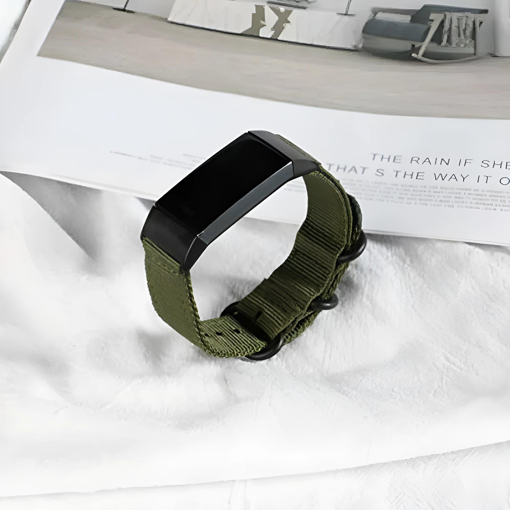Fitbit Charge nylon three-ring buckle strap in multiple colours including Army Green and Black and Gray