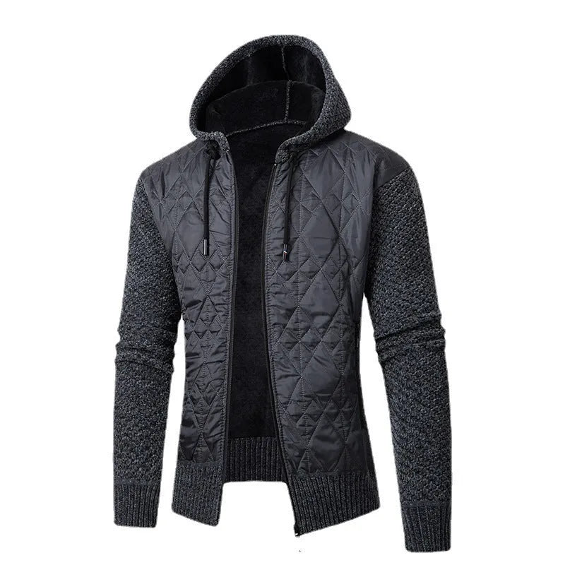 Men's grey corduroy hooded winter coat with cinched style on hanger