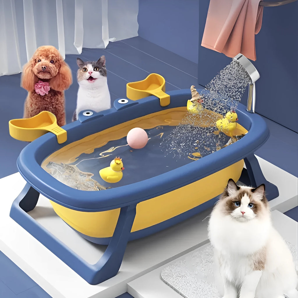 Foldable portable pet tub in Blue or Orange for small dogs and cats under 20 pounds