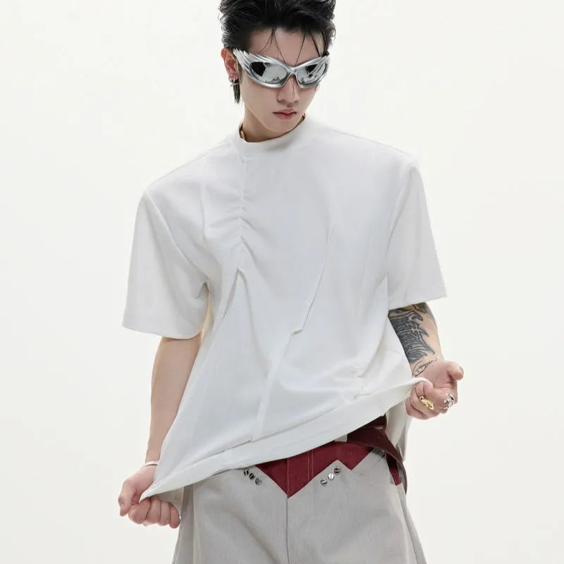 Men's loose fit grey cotton T-shirt with three-dimensional pleating detail on the front.