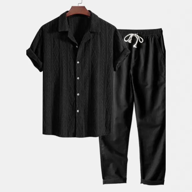 Camouflage print casual suit with short sleeve shirt and trousers in slim fit