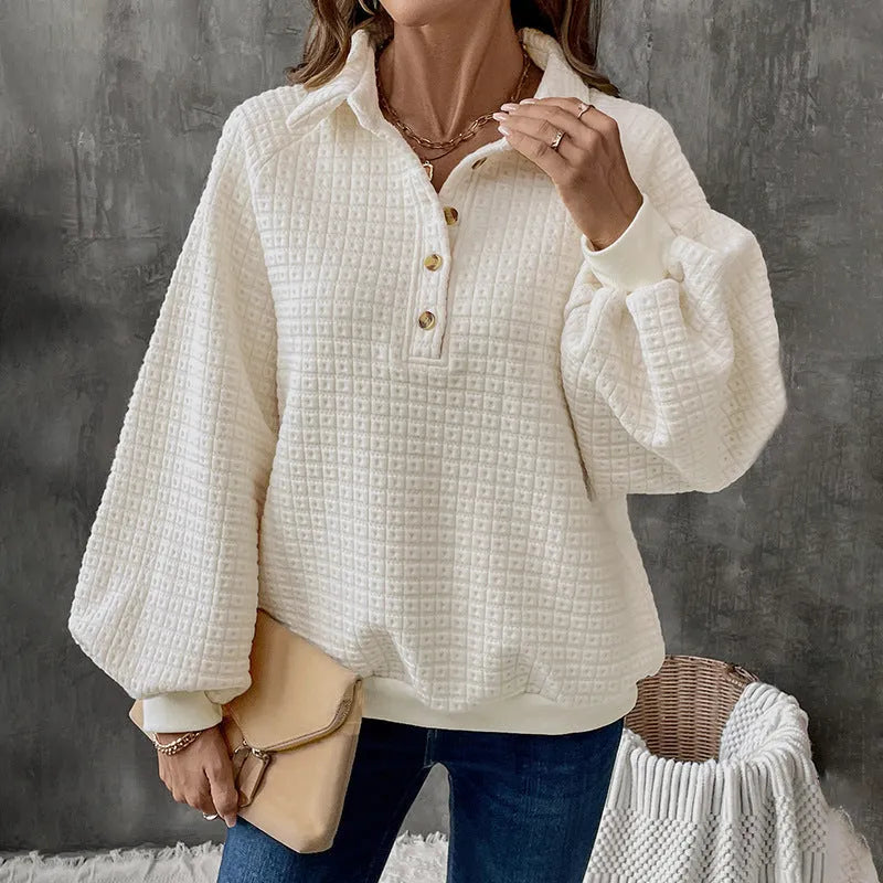 Women's solid colour thick sweater with a textured polo collar, shown in milky white.