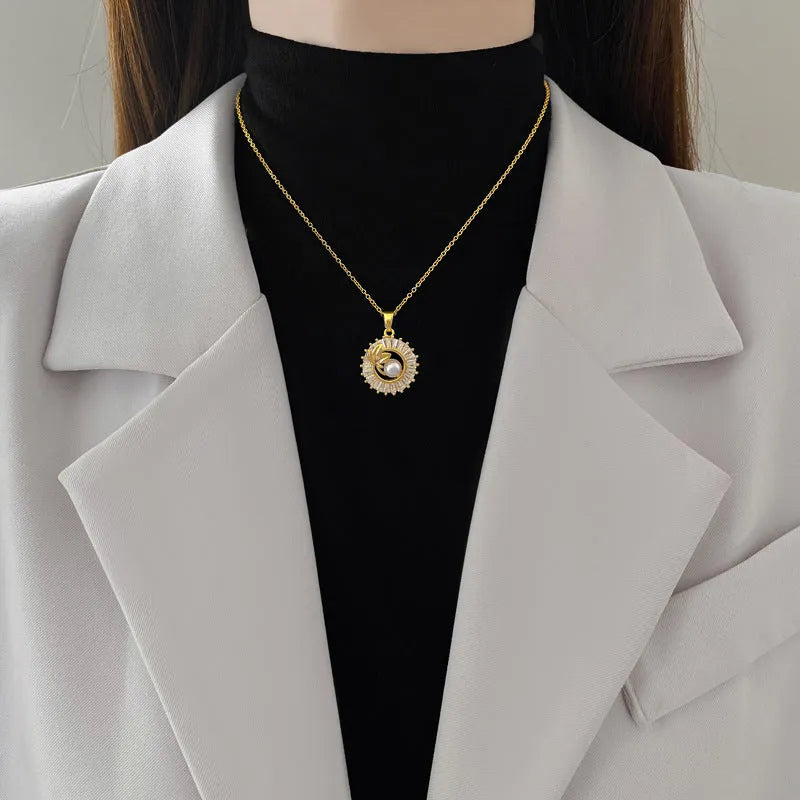 Titanium steel square diamond leaves necklace and matching stud earrings set with copper pendant and gold plating.